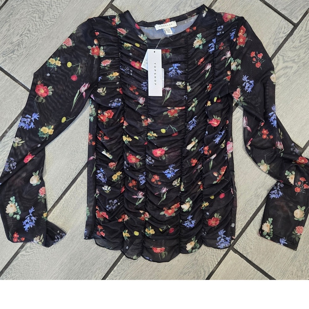 Topshop Womens Floral Mesh Ruched Long Sleeve Top Black Multi Size S NWT
